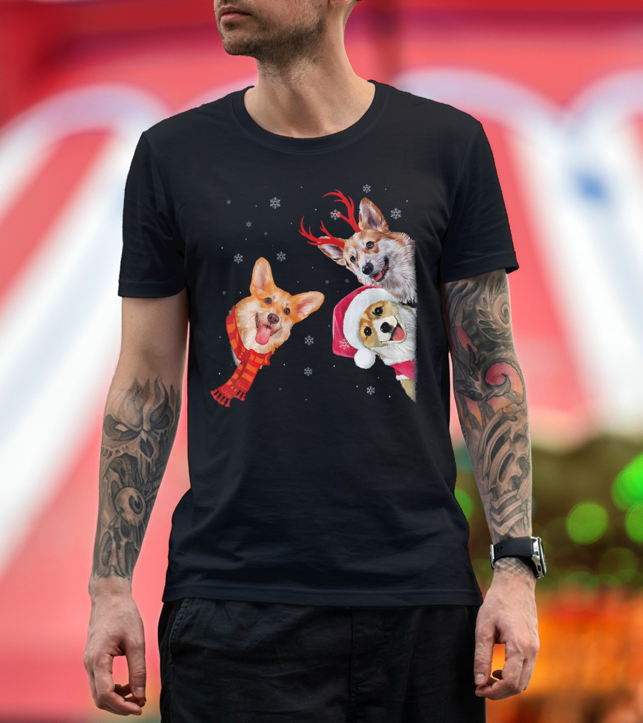 Tee89s Corgi Holiday Fun Facts with Festive Santa Hats and Reindeer Antlers T-Shirt