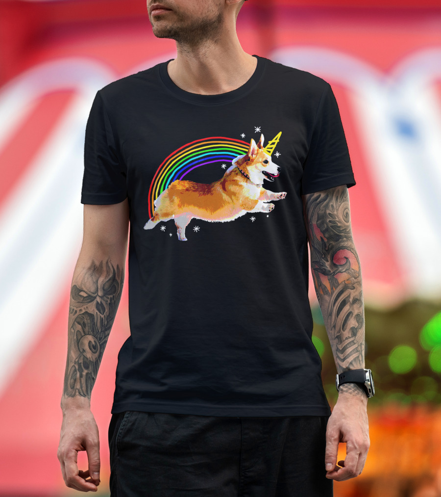 Unicorn Corgi Rainbow Doodle Funny Graph T-Shirt