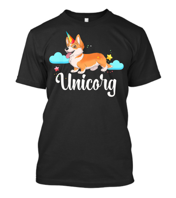 Unicorg Unicorn Corgi With Colorful Horn And Stars In Clouds T-Shirt