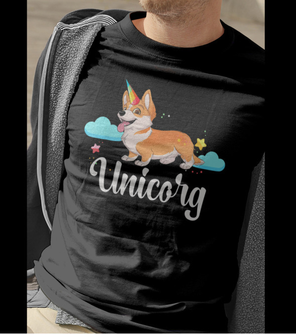 Unicorg Unicorn Corgi With Colorful Horn And Stars In Clouds T-Shirt