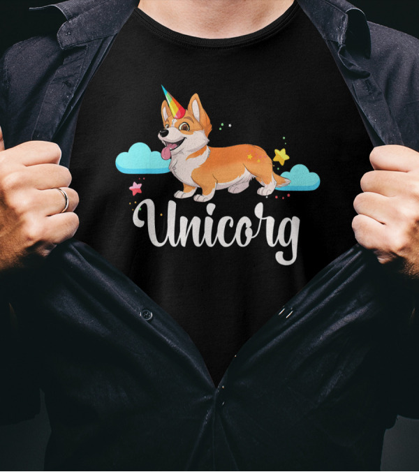 Unicorg Unicorn Corgi With Colorful Horn And Stars In Clouds T-Shirt