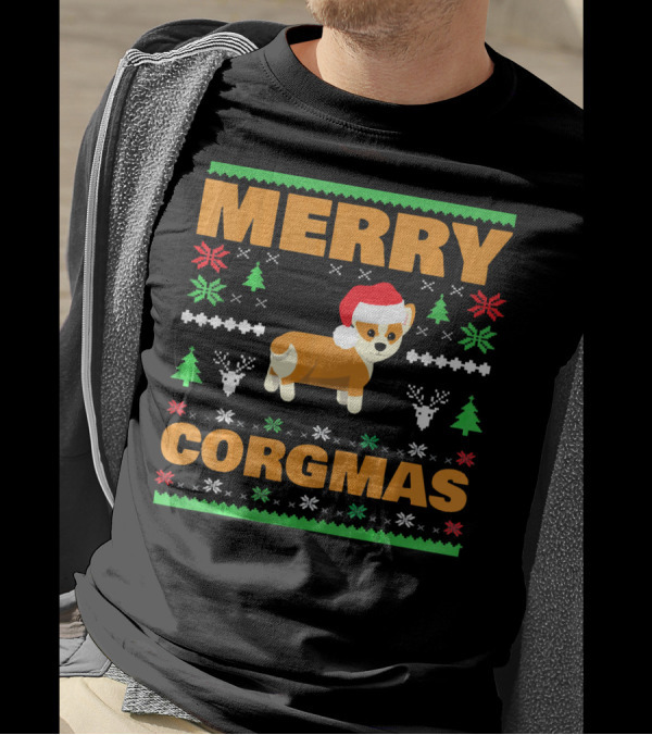 Merry Corgmas Ugly Christmas Sweater Corgi Holiday Santa Hat T-Shirt