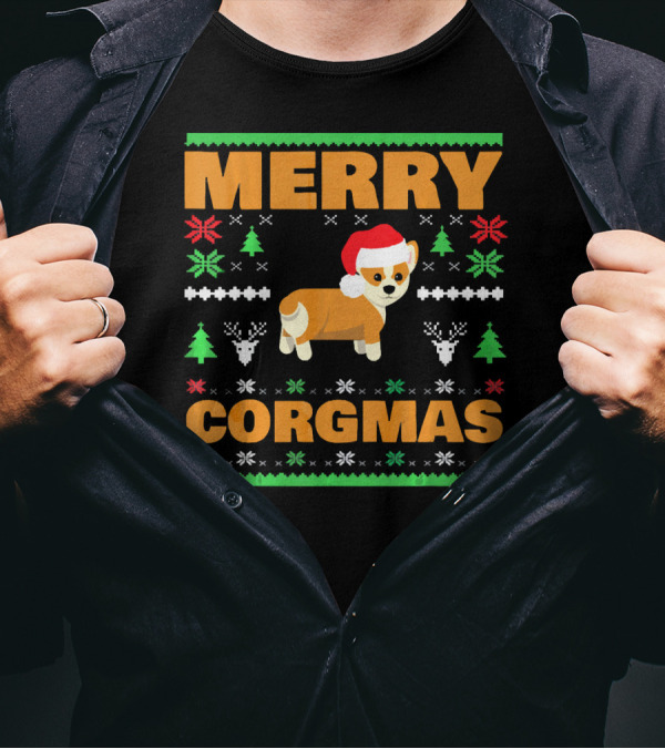 Merry Corgmas Ugly Christmas Sweater Corgi Holiday Santa Hat T-Shirt