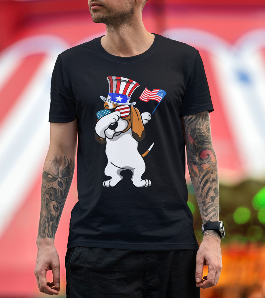Basset Hound Dabbing Patriotic Dog Dad with American Flag 4th of July T-Shirt