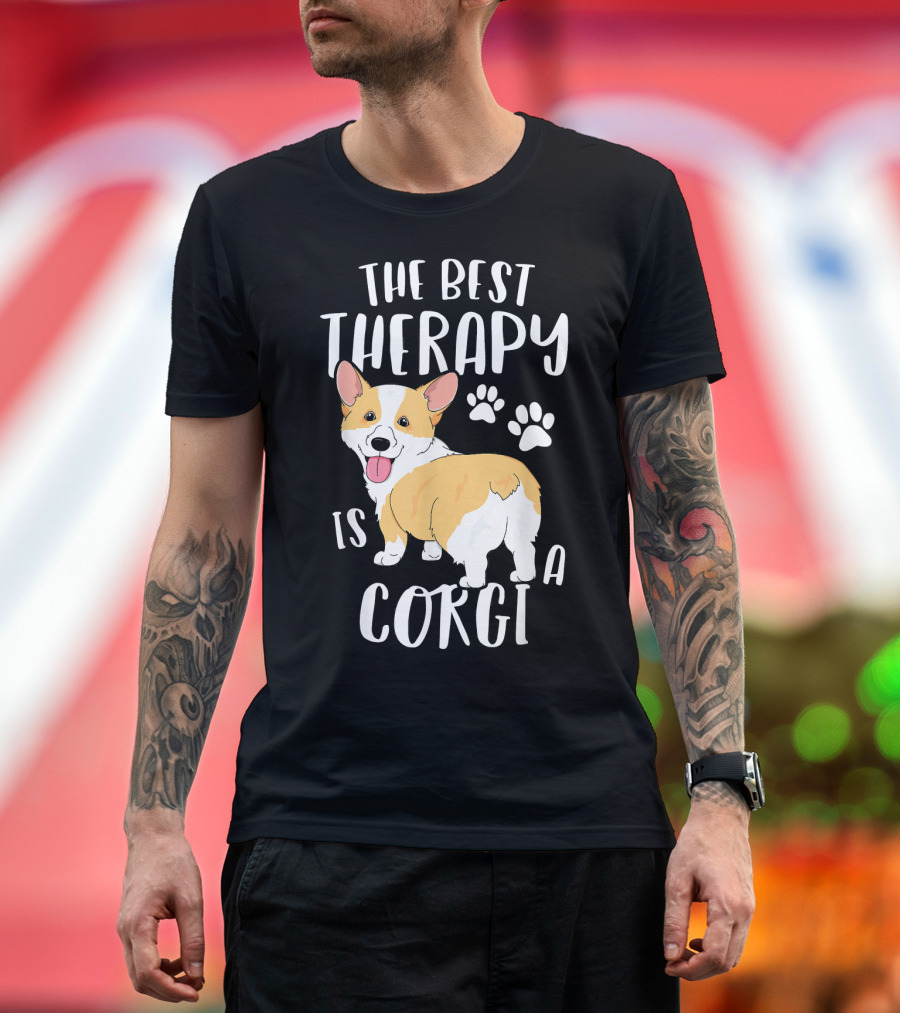 The Best Therapy Is A Corgi With Paw Prints and Cute T-Shirt