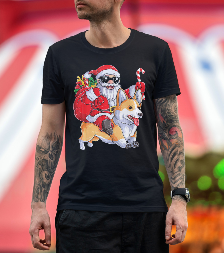 Santa Claus Riding Corgi with Gifts and Candy Cane Christmas T-Shirt