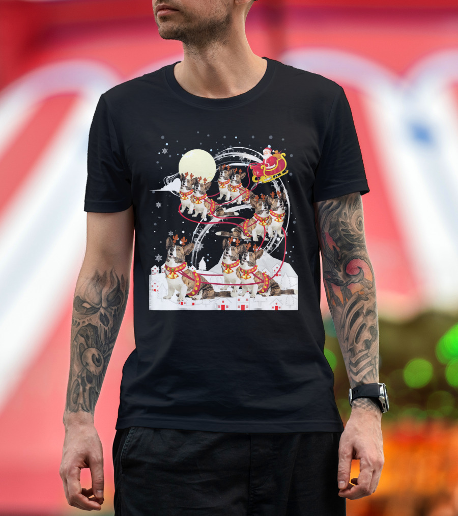 Santa Sleigh Cardigan Welsh Corgi Reindeer Christmas Scene T-Shirt