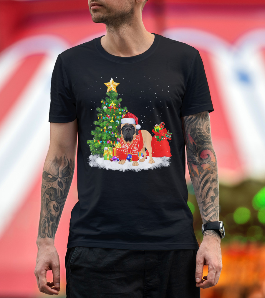 Christmas English Mastiff Dog with Santa Hat and Tree T-Shirt