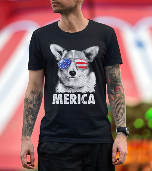 Premium T-Shirt: Corgi Merica USA Flag Sunglasses 4th of July T-Shirt Corgi Merica USA Flag Sunglasses 4th of July T-Shirt