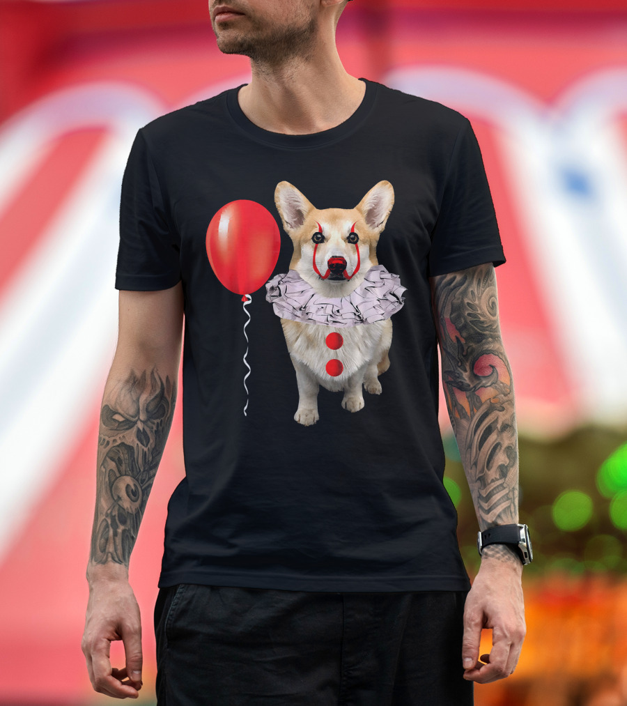 Corgi Scary Clown Funny Corgi Red Balloon T-Shirt