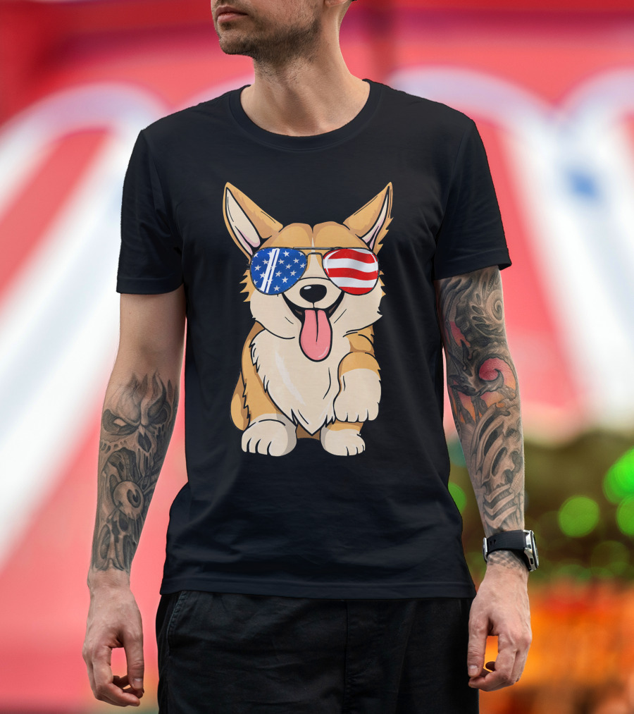 Corgi Sunglasses American Flag 4th of July Merica T-Shirt