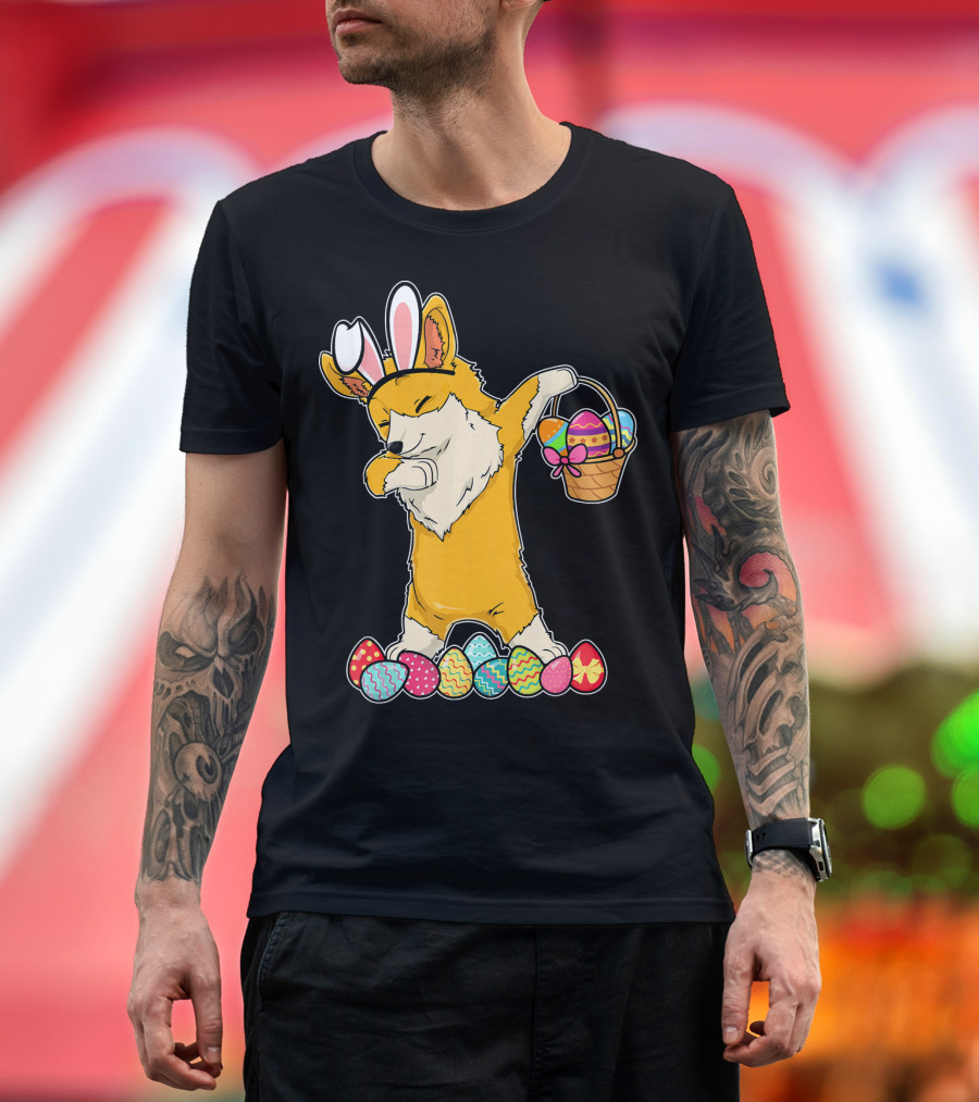 Corgi Dab Easter Bunny with Basket of Colored Eggs T-Shirt