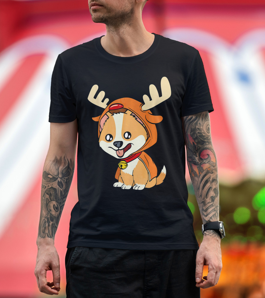 Corgi Puppy Dog Dressed as Reindeer with Antlers and Red Nose T-Shirt