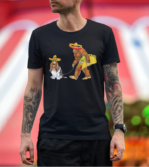 Premium T-Shirt: Cinco De Mayo Bigfoot Taco Walking Basset Hound with Sombreros T-Shirt Cinco De Mayo Bigfoot Taco Walking Basset Hound with Sombreros T-Shirt