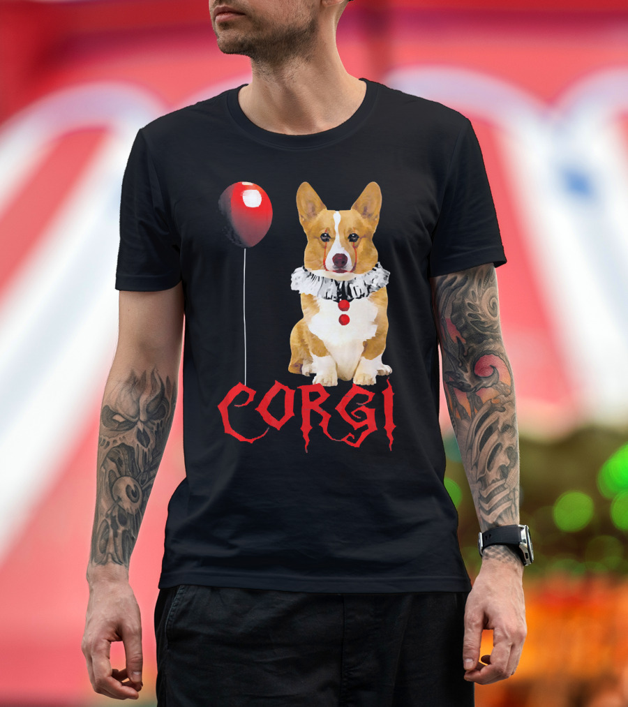 Corgi Clown with Red Balloon Halloween Horror Pennywise T-Shirt