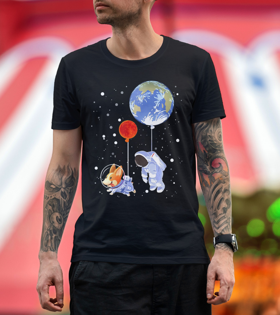 Corgi and Astronaut Floating in Space with Earth and Planets T-Shirt