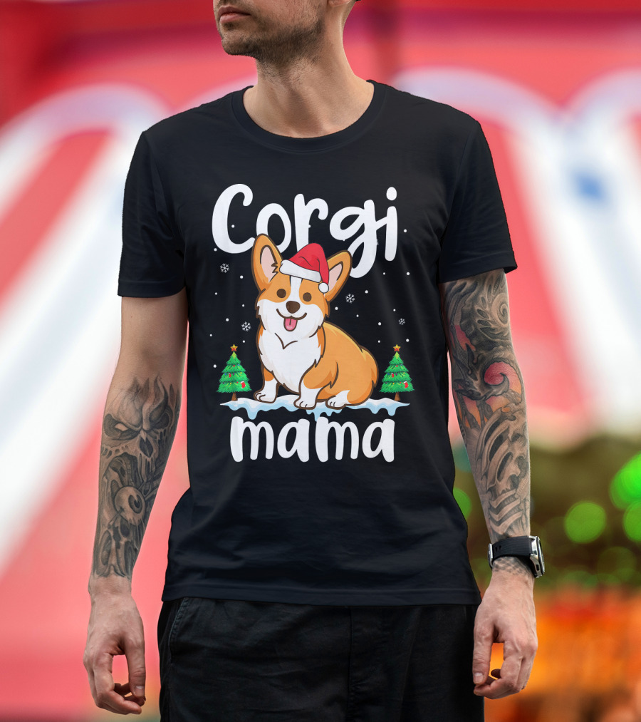 Corgi Mama Funny Santa Corgi Mama Christmas Trees Snowflakes T-Shirt