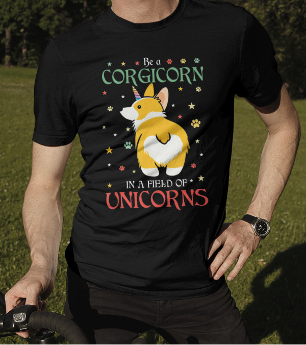 Be A Corgicorn In A Field Of Unicorns Paw Prints And Stars T-Shirt