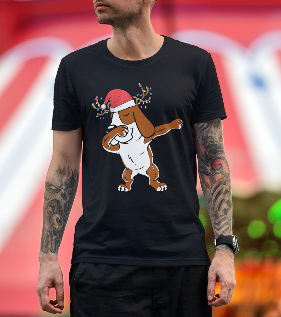 Christmas Basset Hound Reindeer Antlers Santa Hat Dab Dance T-Shirt