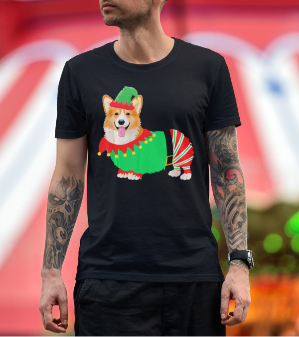 Premium T-Shirt: Corgi Wearing Green and Red Striped Elf Costume Funny Corgi T-Shirt Corgi Wearing Green and Red Striped Elf Costume Funny Corgi T-Shirt
