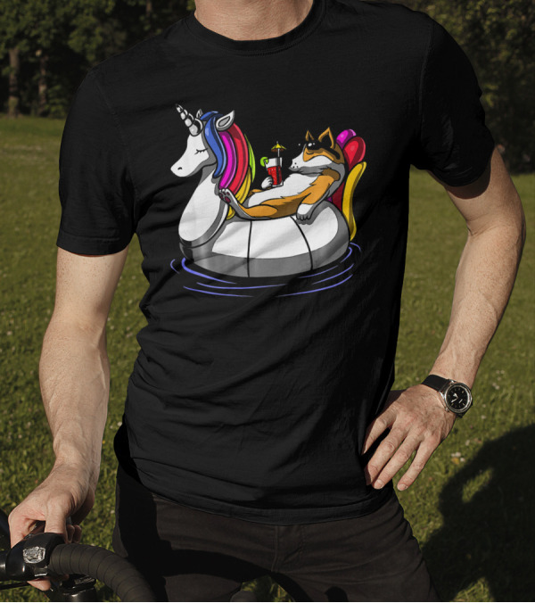 Corgi Dog Relaxing On Rainbow Unicorn Float With Drink In Pool T-Shirt