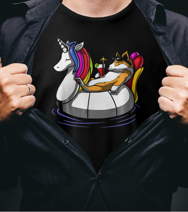 Corgi Dog Relaxing On Rainbow Unicorn Float With Drink In Pool T-Shirt