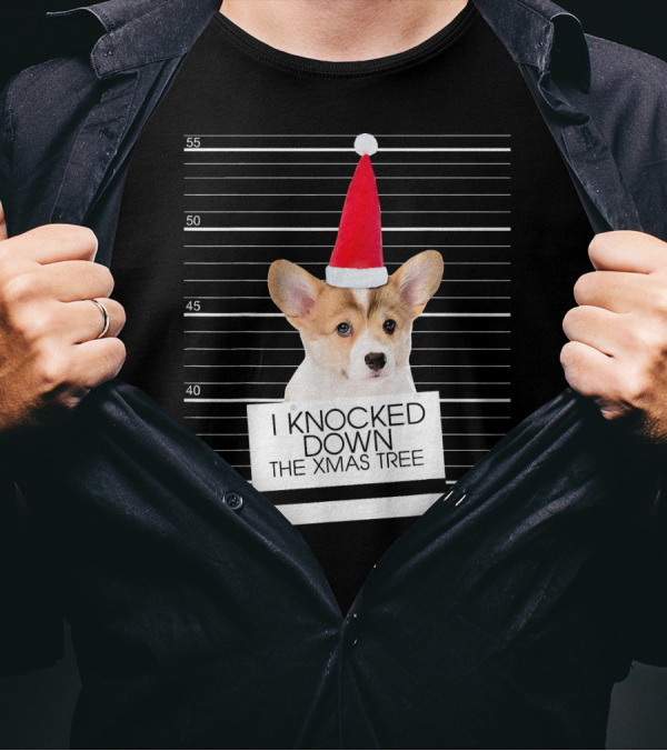 Corgi Dog Christmas Mugshot I Knocked Down The Xmas Tree T-Shirt