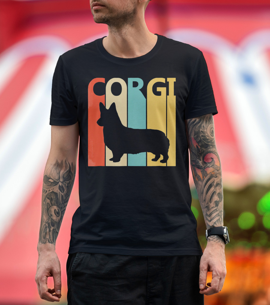 Corgi Silhouette Vintage Retro Striped T-Shirt