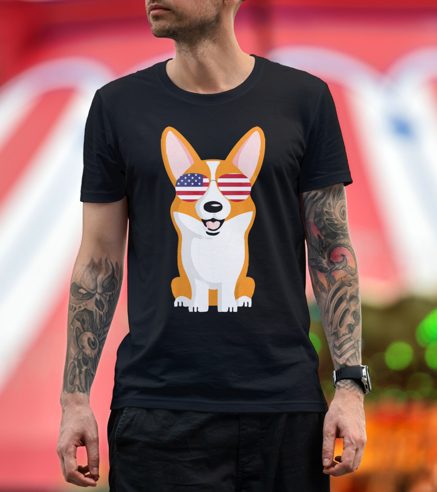 Corgi Sunglasses American Flag 4th of July T-Shirt