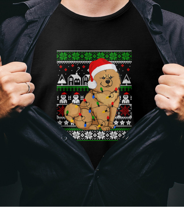Chow Chow Santa Hat Christmas Lights Festive T-Shirt