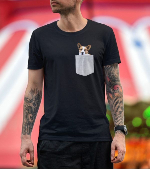 Premium T-Shirt: Cardigan Welsh Corgi Dog Peeking from Pocket T-Shirt Cardigan Welsh Corgi Dog Peeking from Pocket T-Shirt