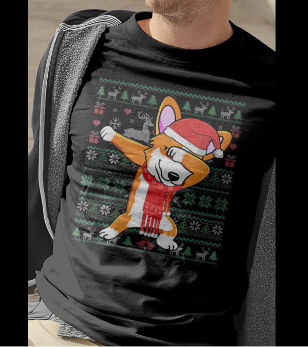 Funny Dabbing Corgi Santa Hat Ugly Xmas T-Shirt