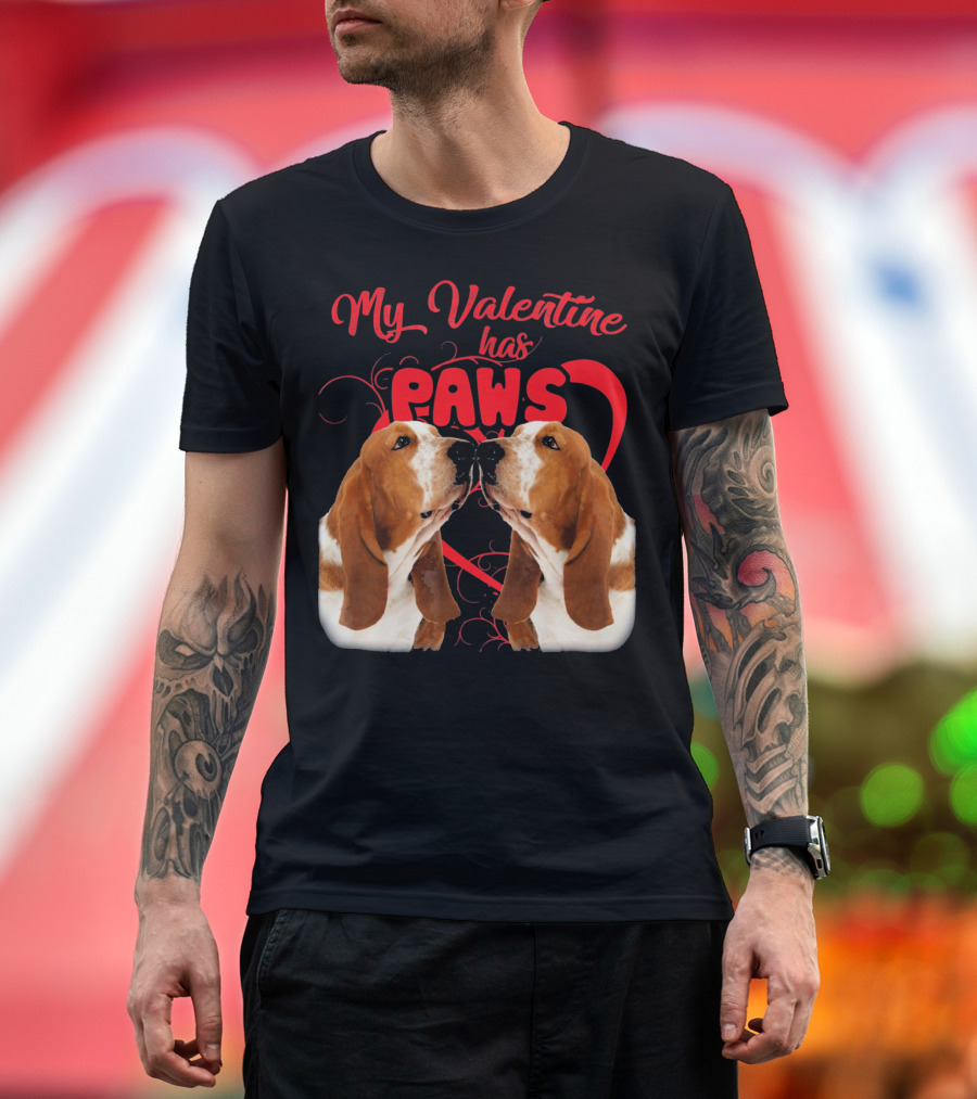 My Valentine Has Paws Basset Hound with Heart and Two Dogs T-Shirt