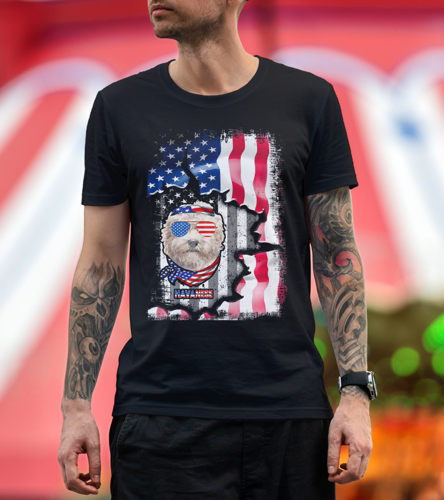 American Flag Havanese Dog Lover with Patriotic Sunglasses and Bandana T-Shirt