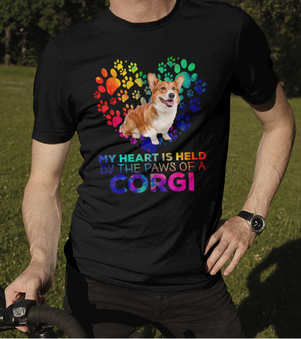 Heart Held By Rainbow Paws Of A Corgi T-Shirt