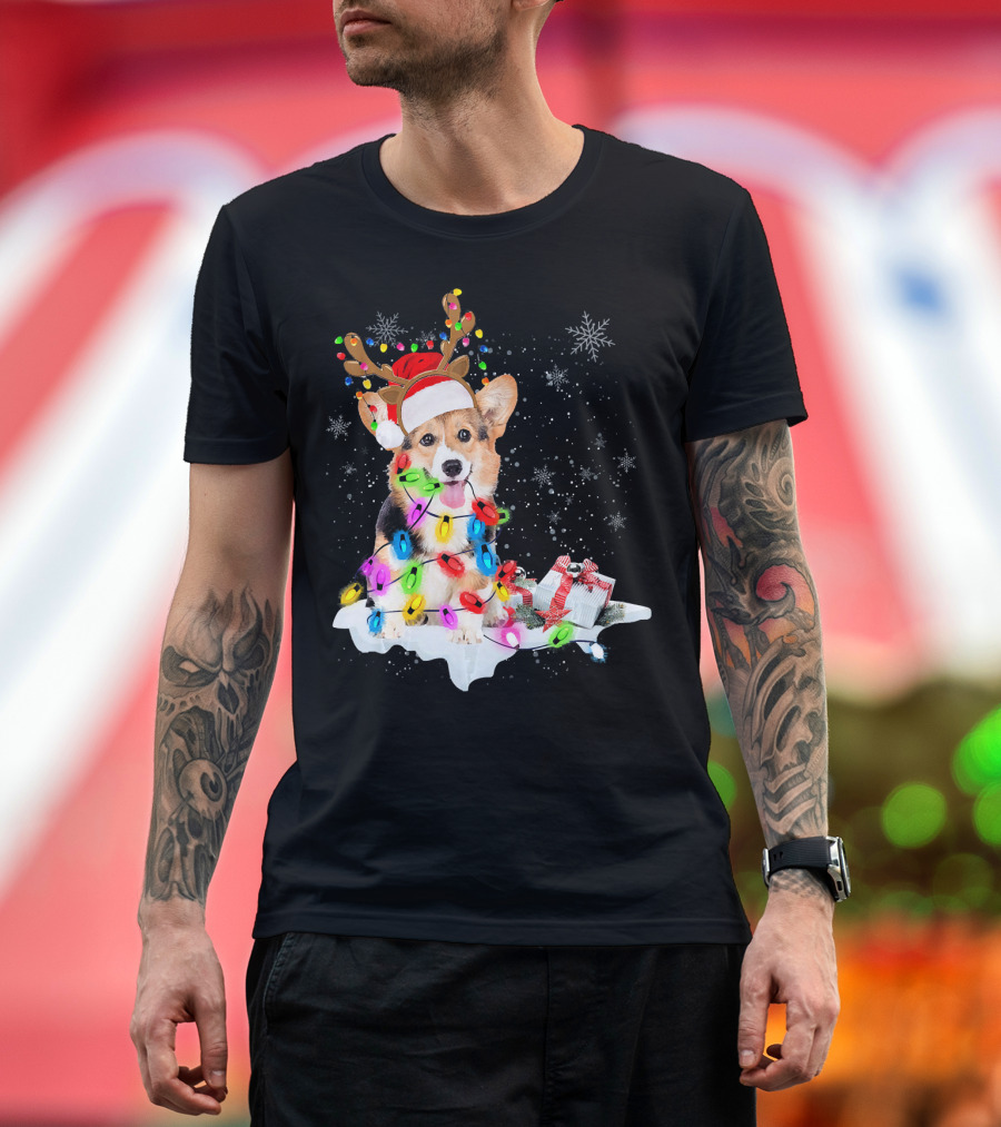Funny Corgi Dog Christmas Reindeer Festive Holiday Lights Snowflakes T-Shirt