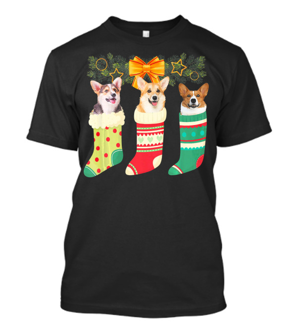 Christmas Three Corgi In Sock With Festive Stockings And Holiday Bow T-Shirt