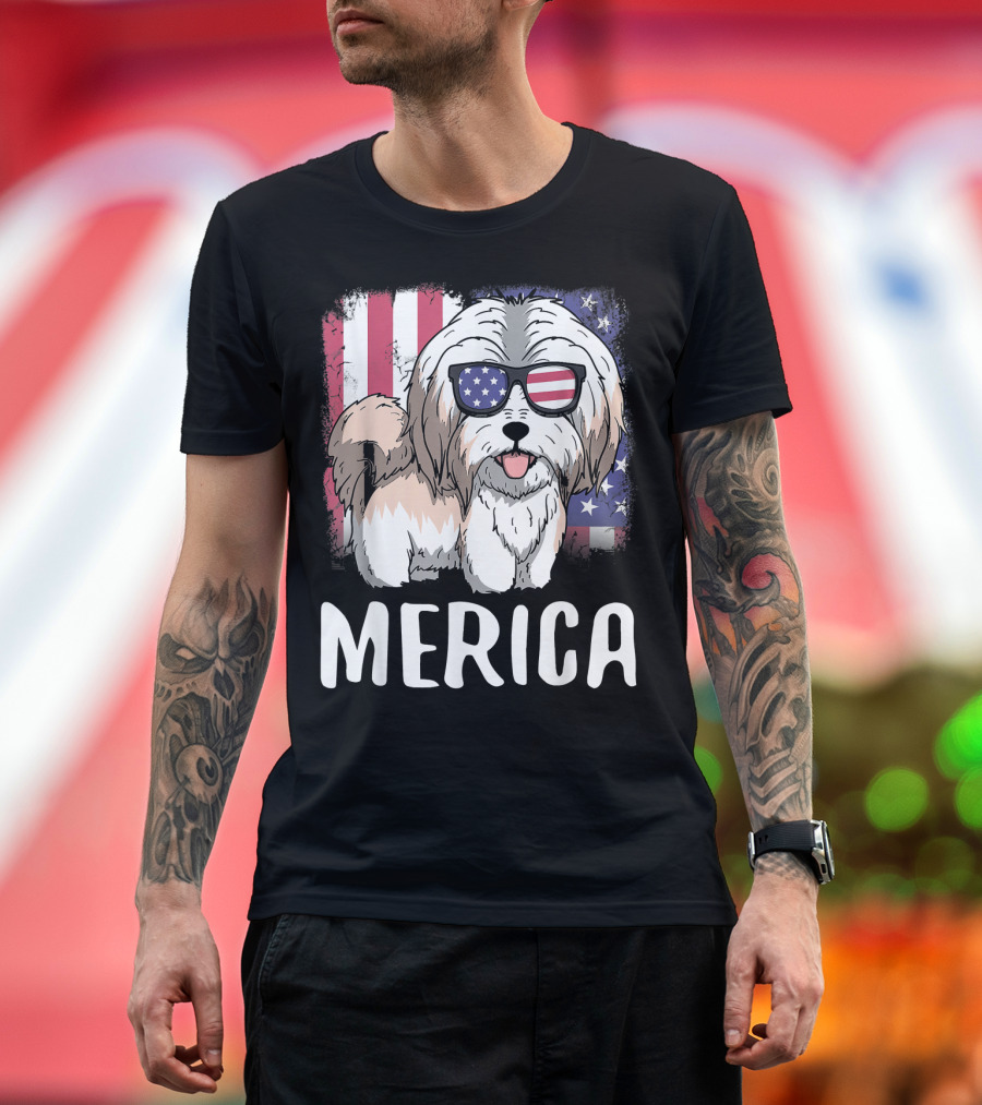 Merica Havanese Dog with American Flag Sunglasses USA Patriotic T-Shirt