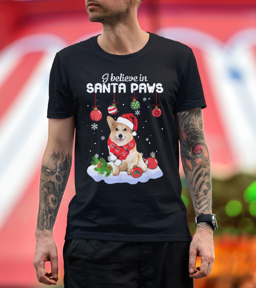 I Believe in Santa Paws Corgi with Christmas Ornaments and Snowflakes T-Shirt