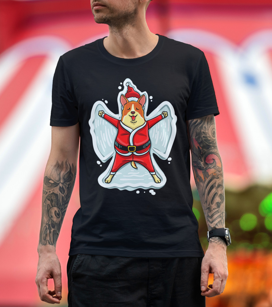Funny Christmas Corgi Snow Angel in Santa T-Shirt