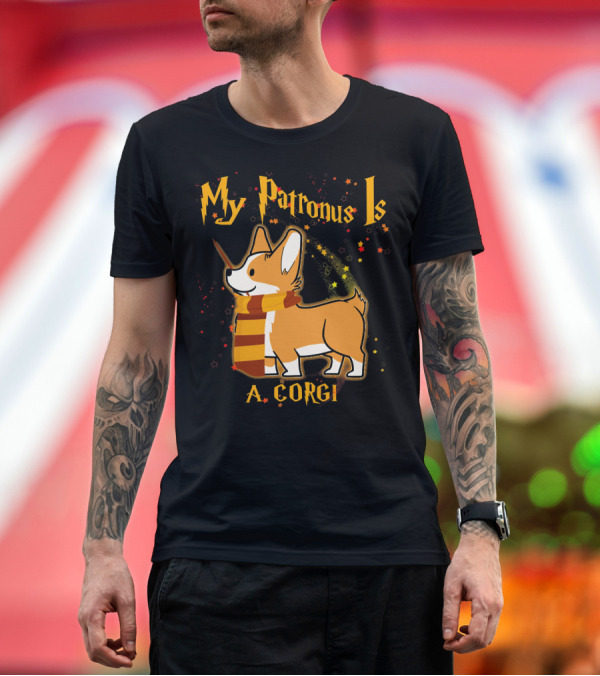 Premium T-Shirt: My Patronus Is A Corgi with Wizard Scarf and Wand T-Shirt My Patronus Is A Corgi with Wizard Scarf and Wand T-Shirt