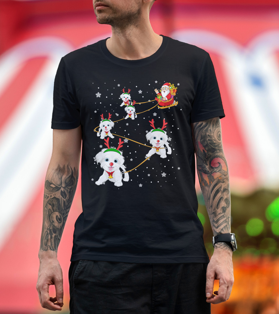 Havanese Dogs Pulling Santa's Sleigh Through Snowflakes T-Shirt