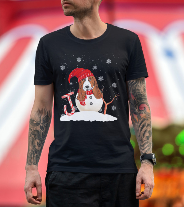 Premium T-Shirt: Funny Basset Hound Snowman with Candy Cane Christmas Joy T-Shirt Funny Basset Hound Snowman with Candy Cane Christmas Joy T-Shirt