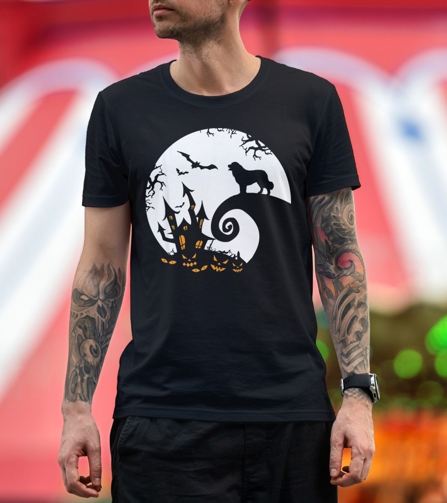 Funny Leonberger and Moon Halloween Night with Haunted House and Bats T-Shirt