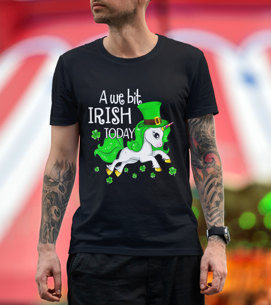A We Bit Irish Today Unicorn with Shamrocks and Green Hat T-Shirt