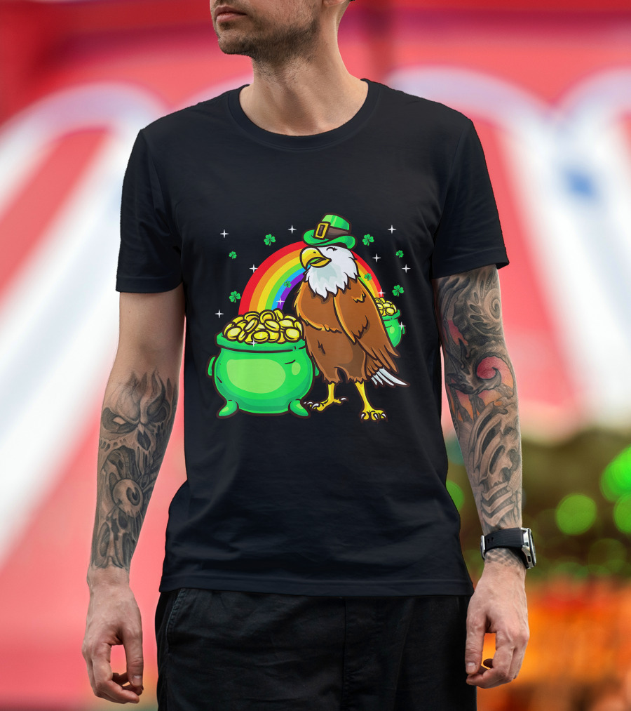 American Bald Eagle with Leprechaun Hat and Gold Pots Under Rainbow T-Shirt