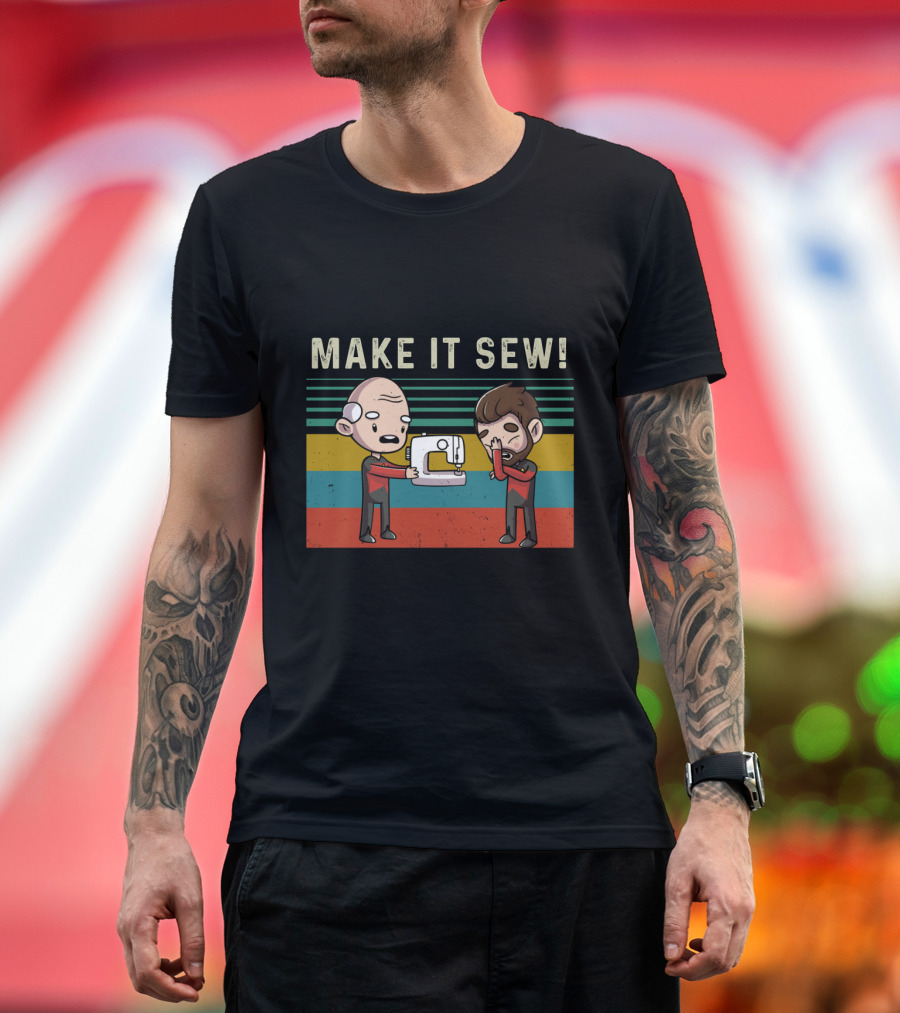 Make It Sew Featuring William Riker and Jean Luc Picard Sewing Machine T-Shirt