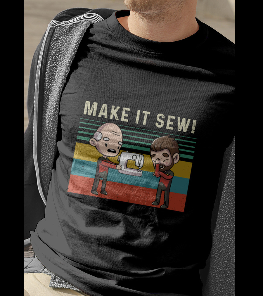 Make It Sew Featuring William Riker And Jean Luc Picard Sewing Machine T-Shirt