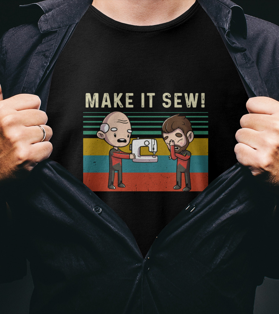 Make It Sew Featuring William Riker And Jean Luc Picard Sewing Machine T-Shirt
