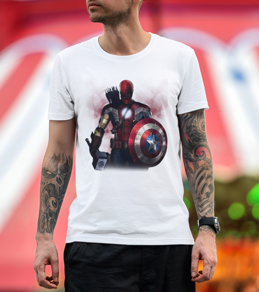 Overpowered Avengers Man Captain America Spider-Man Thor Iron Man Fusion with Shield and Mjolnir T-Shirt